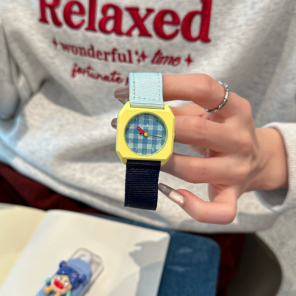 Square Casual Alloy Textile And Stainless Steel Watch With Spiral Crown And Mineral Reinforced Mirror For Students
