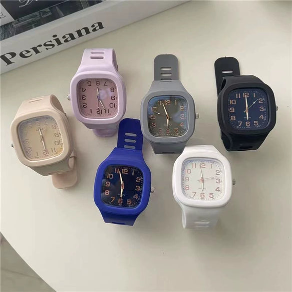 Square Casual Plastic And Silicone Fashion Student Sports Watch