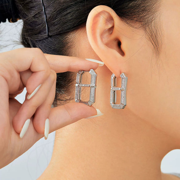 Square Copper Inlaid Zircon Geometric U Shaped Electroplated Earrings For Women