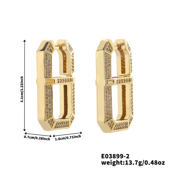 Square Copper Inlaid Zircon Geometric U Shaped Electroplated Earrings For Women