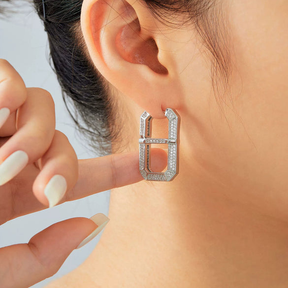 Square Copper Inlaid Zircon Geometric U Shaped Electroplated Earrings For Women