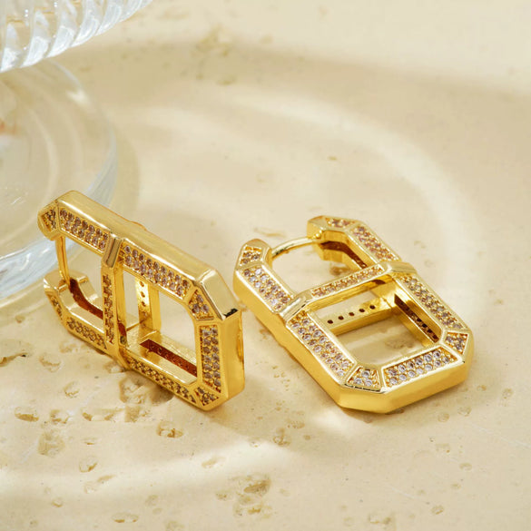 Square Copper Inlaid Zircon Geometric U Shaped Electroplated Earrings For Women
