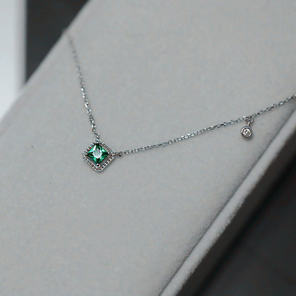 Square Emerald Sterling Silver Necklace With Diamond And Goldplated Geometric Style For Women