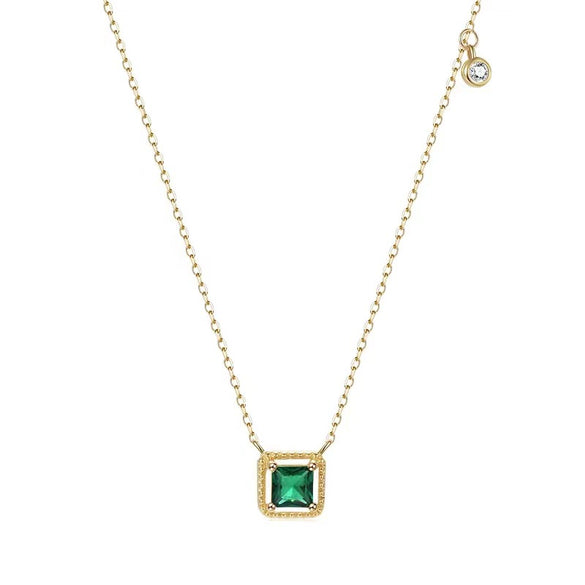 Square Emerald Sterling Silver Necklace With Diamond And Goldplated Geometric Style For Women
