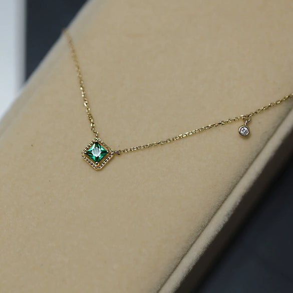 Square Emerald Sterling Silver Necklace With Diamond And Goldplated Geometric Style For Women