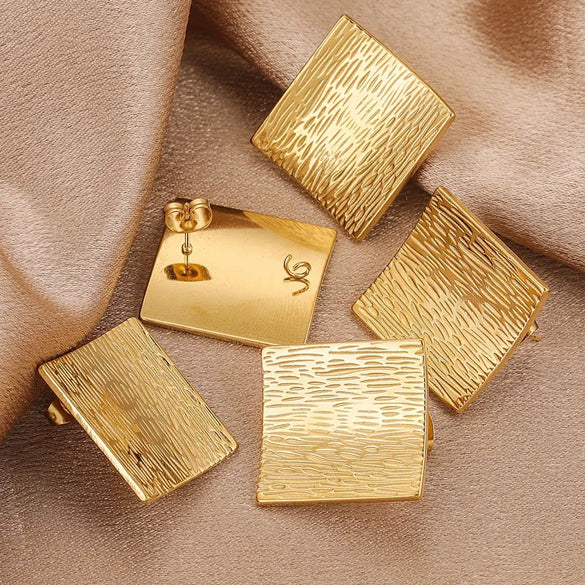Square Geometric Texture Gold Electroplating Hirback Pattern Metal Earrings