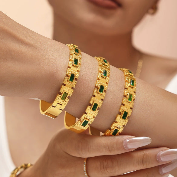 Square Glass Bracelet With Buckle Design Titanium Steel 18K Gold Plated Fashion Ol Style Electroplated