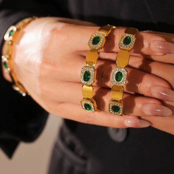 Square Green Zircon Buckle Bracelet Light Luxury Minimalist Titanium Steel Gold Plated Jewelry Wholesale