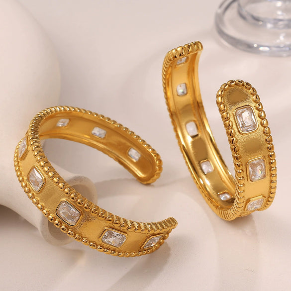 Square Inlaid Zircon Open Bracelet 316L Stainless Steel 18K Gold Plated Jewelry Simple Geometric Style