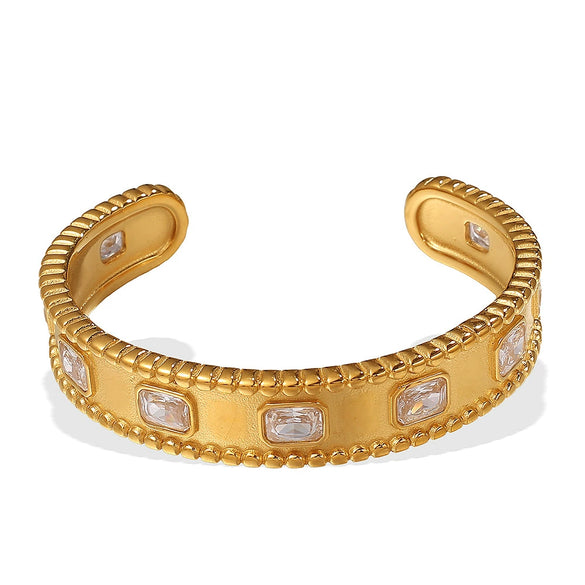 Square Inlaid Zircon Open Bracelet 316L Stainless Steel 18K Gold Plated Jewelry Simple Geometric Style