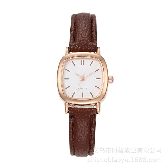 Square Leather Quartz Watch For Women High School Students Alloy Case Imitation Leather Strap Simple Retro Leisure Style