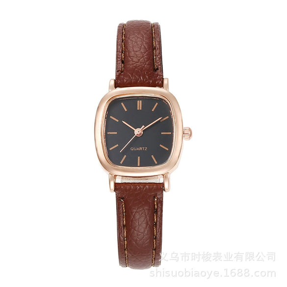 Square Leather Quartz Watch For Women High School Students Alloy Case Imitation Leather Strap Simple Retro Leisure Style
