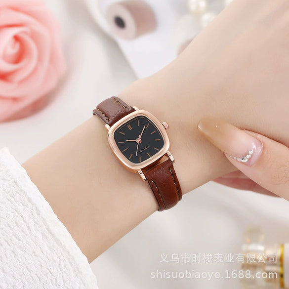 Square Leather Quartz Watch For Women High School Students Alloy Case Imitation Leather Strap Simple Retro Leisure Style