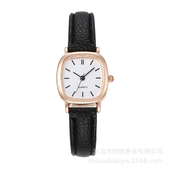 Square Leather Quartz Watch For Women High School Students Alloy Case Imitation Leather Strap Simple Retro Leisure Style