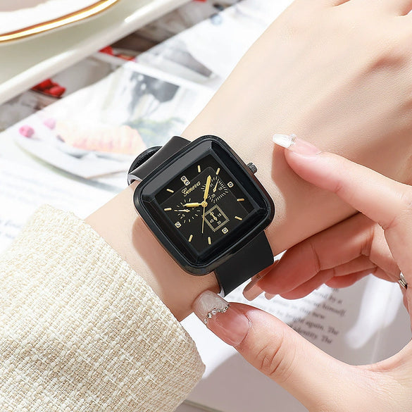 Square Leisure Women's Quartz Watch With Silicone Strap And Plastic Case