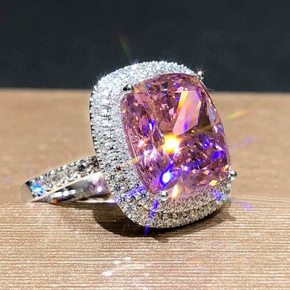 Square Micropaved Pink Simulated Zircon Ring Copper Women's Geometric Style