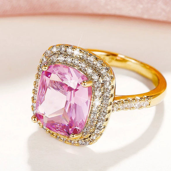 Square Micropaved Pink Simulated Zircon Ring Copper Women's Geometric Style