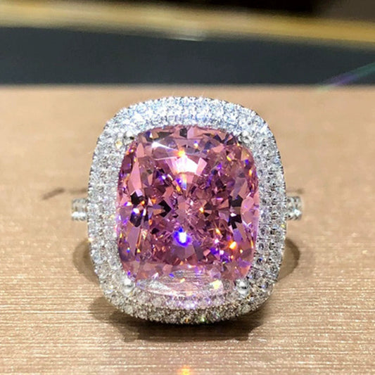 Square Micropaved Pink Simulated Zircon Ring Copper Women's Geometric Style