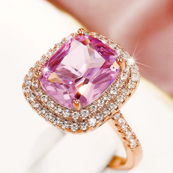 Square Micropaved Pink Simulated Zircon Ring Copper Women's Geometric Style