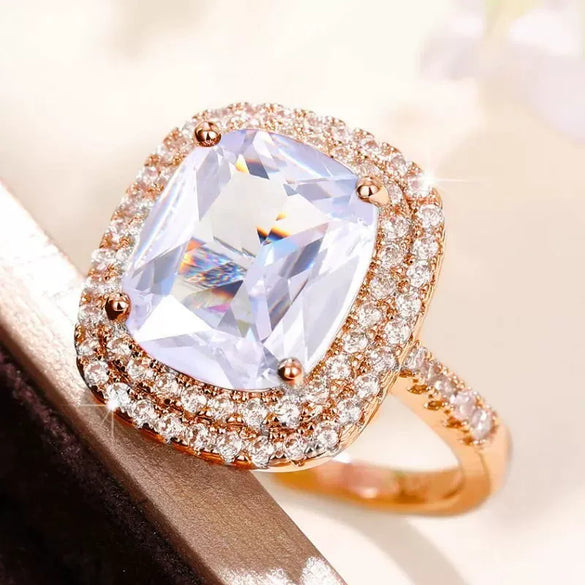 Square Micropaved Pink Simulated Zircon Ring Copper Women's Geometric Style
