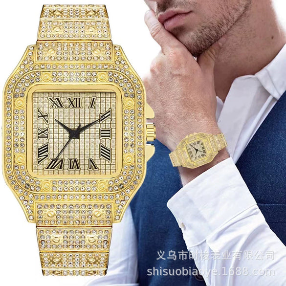 Square Quartz Watch Alloy Band And Case Stainless Steel Clasp For Adult Men With Gypsophila Design