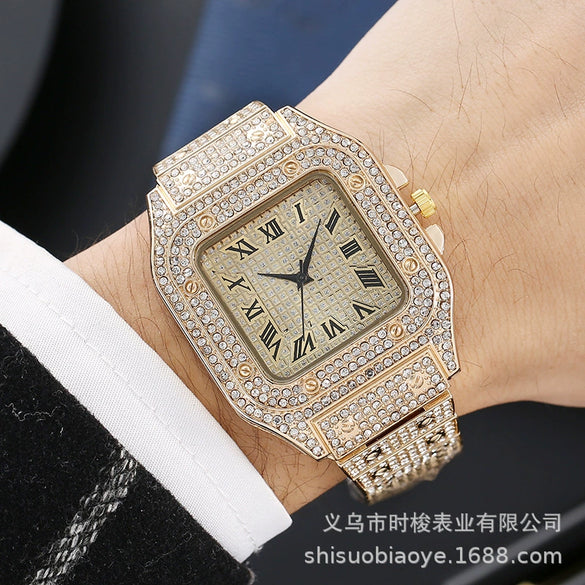 Square Quartz Watch Alloy Band And Case Stainless Steel Clasp For Adult Men With Gypsophila Design