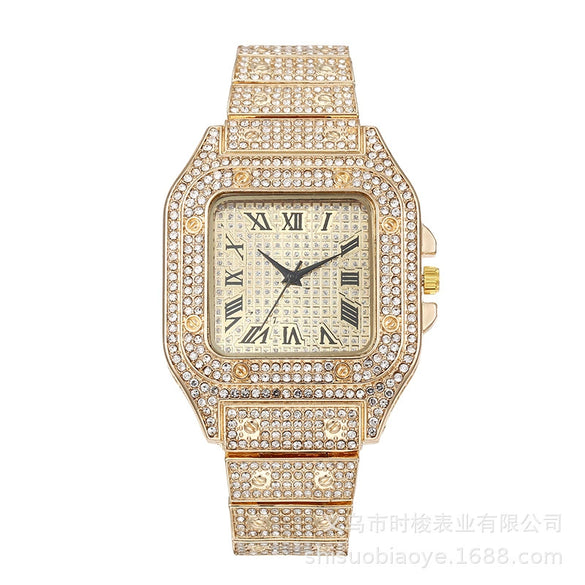 Square Quartz Watch Alloy Band And Case Stainless Steel Clasp For Adult Men With Gypsophila Design