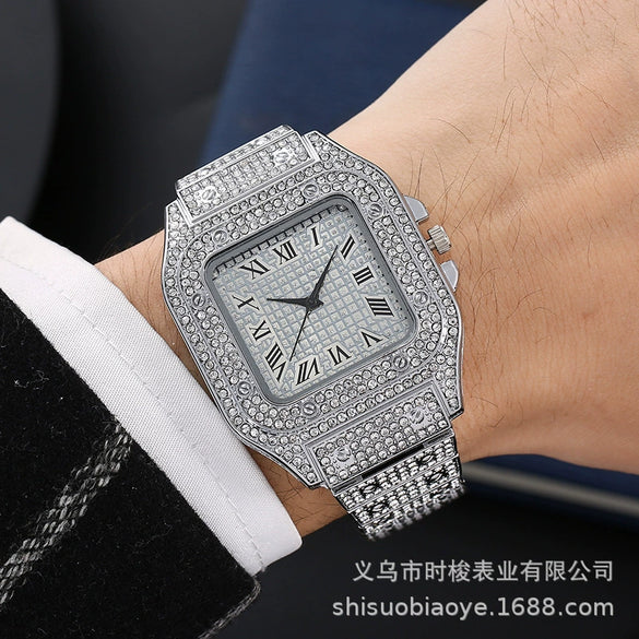 Square Quartz Watch Alloy Band And Case Stainless Steel Clasp For Adult Men With Gypsophila Design