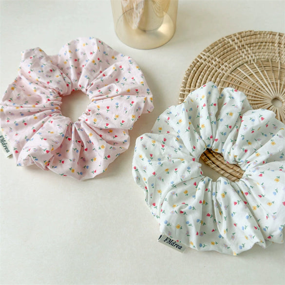 Square Scarf Scrunchie Hair Tie For Women Forest Style Pink Floral Handmade Fabric High Elasticity Sweet Style