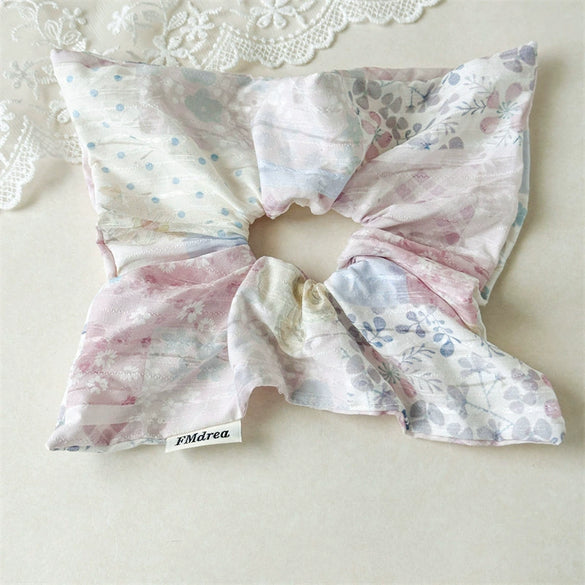 Square Scarf Scrunchie Hair Tie For Women Forest Style Pink Floral Handmade Fabric High Elasticity Sweet Style