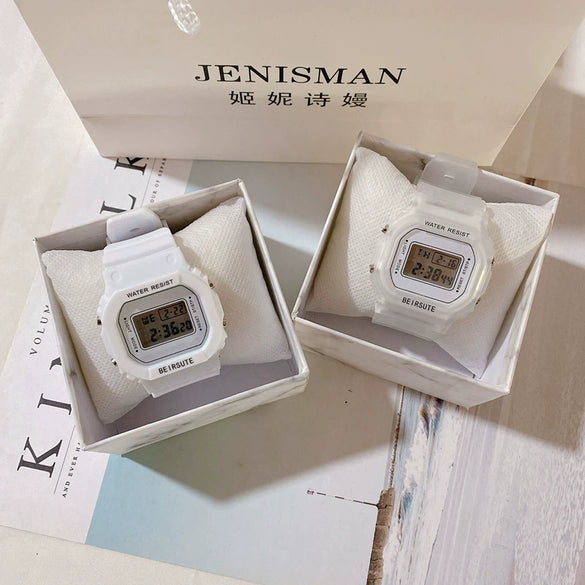 Square Sports Electronic Couple's Watch Plastic Case Silicone Strap Rose Gold Clasp