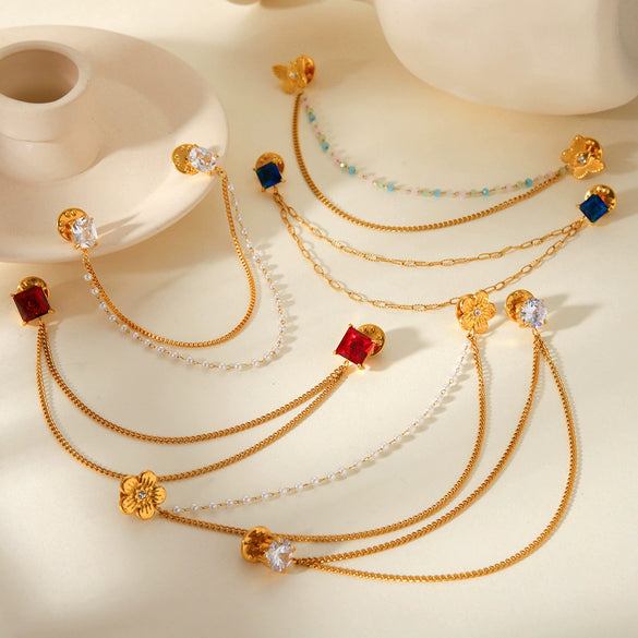 Square Stainless Steel Diamond Geometric Women's Shirt Collar Collar Flower Butterfly Brooch Chain