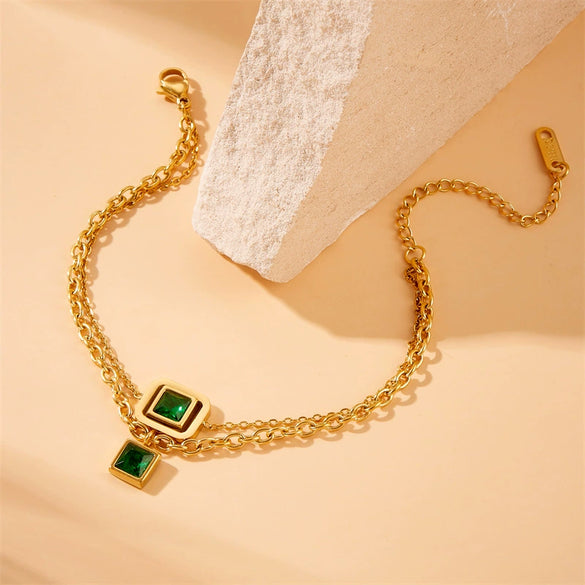 Square Stainless Steel Gold Plated Double Layer Accessories Chain Necklace Earrings Bracelet Set For Women