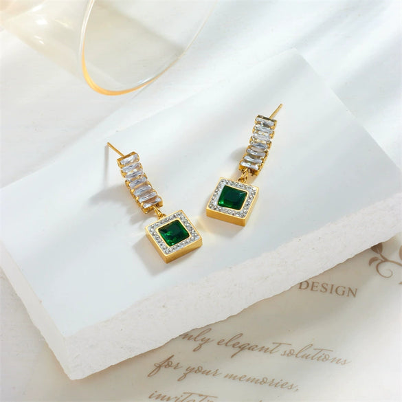 Square Titanium Steel Geometric Diamondembedded Emerald Rhinestone Earrings For Women