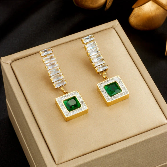 Square Titanium Steel Geometric Diamondembedded Emerald Rhinestone Earrings For Women