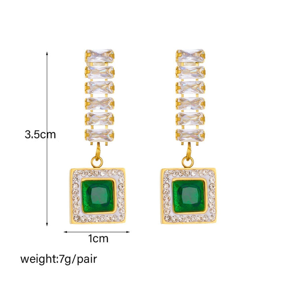 Square Titanium Steel Geometric Diamondembedded Emerald Rhinestone Earrings For Women