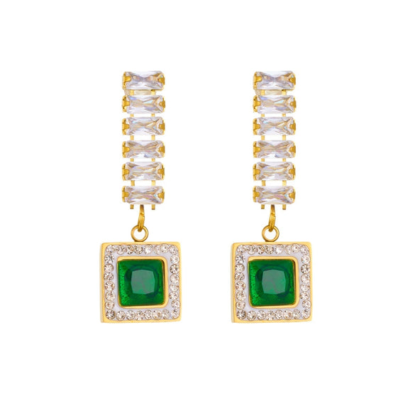Square Titanium Steel Geometric Diamondembedded Emerald Rhinestone Earrings For Women