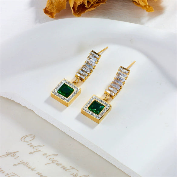 Square Titanium Steel Geometric Diamondembedded Emerald Rhinestone Earrings For Women