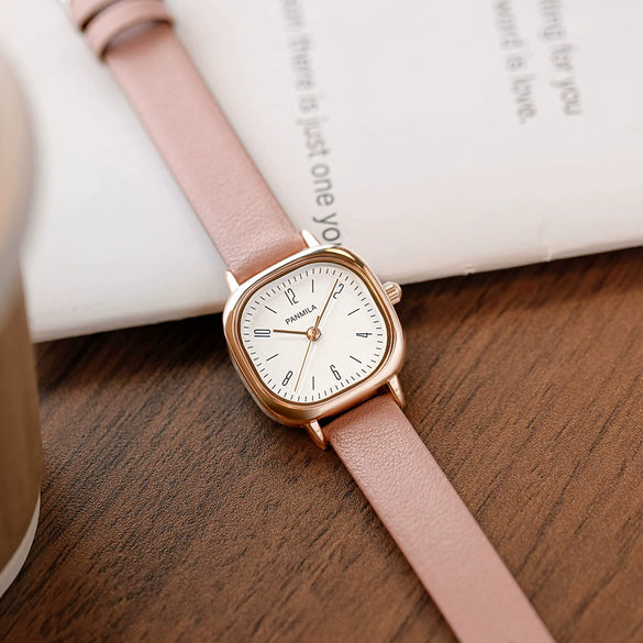 Square Women's Fashion Watch Alloy Case Pu Strap Mineral Strengthened Glass Mirror Rose Gold Clasp