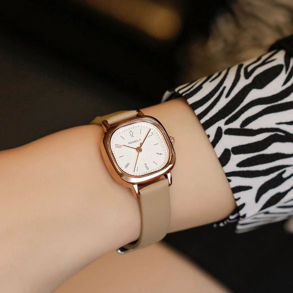 Square Women's Fashion Watch Alloy Case Pu Strap Mineral Strengthened Glass Mirror Rose Gold Clasp