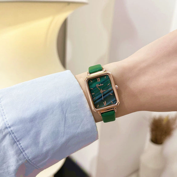Square Women's Watch Alloy Case Ordinary Glass Mirror Retro Fashion Malachite Green