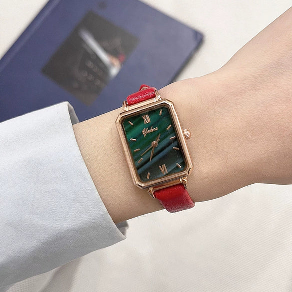 Square Women's Watch Alloy Case Ordinary Glass Mirror Retro Fashion Malachite Green