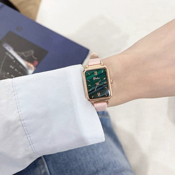 Square Women's Watch Alloy Case Ordinary Glass Mirror Retro Fashion Malachite Green