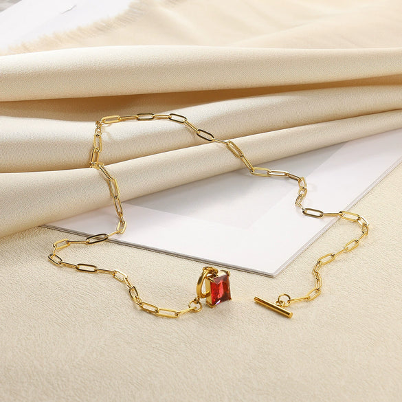 Square Zircon Moon Birthstone Stainless Steel Necklace With Snake Bone Chain And 18K Gold Plated Electroplating For Unisex