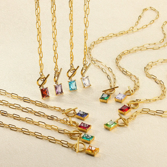 Square Zircon Moon Birthstone Stainless Steel Necklace With Snake Bone Chain And 18K Gold Plated Electroplating For Unisex