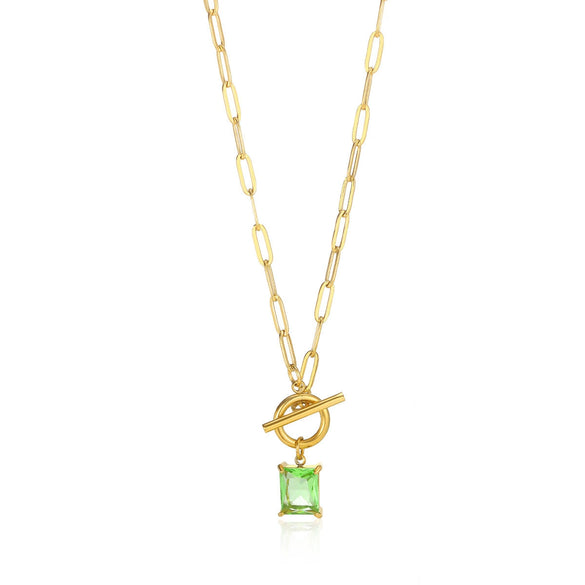 Square Zircon Moon Birthstone Stainless Steel Necklace With Snake Bone Chain And 18K Gold Plated Electroplating For Unisex