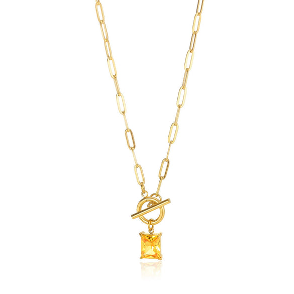Square Zircon Moon Birthstone Stainless Steel Necklace With Snake Bone Chain And 18K Gold Plated Electroplating For Unisex