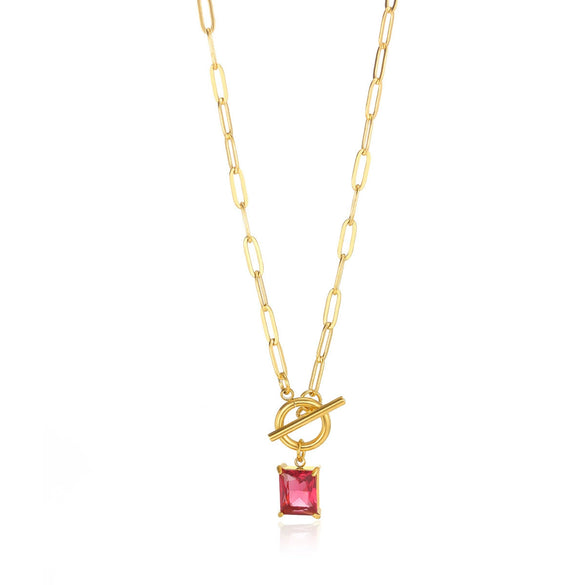 Square Zircon Moon Birthstone Stainless Steel Necklace With Snake Bone Chain And 18K Gold Plated Electroplating For Unisex