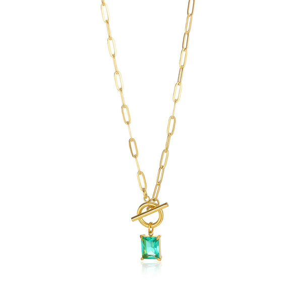 Square Zircon Moon Birthstone Stainless Steel Necklace With Snake Bone Chain And 18K Gold Plated Electroplating For Unisex