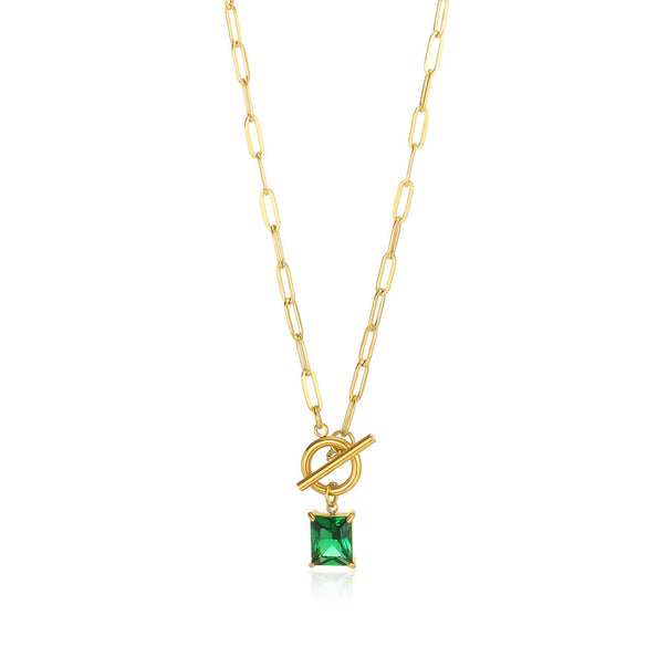 Square Zircon Moon Birthstone Stainless Steel Necklace With Snake Bone Chain And 18K Gold Plated Electroplating For Unisex